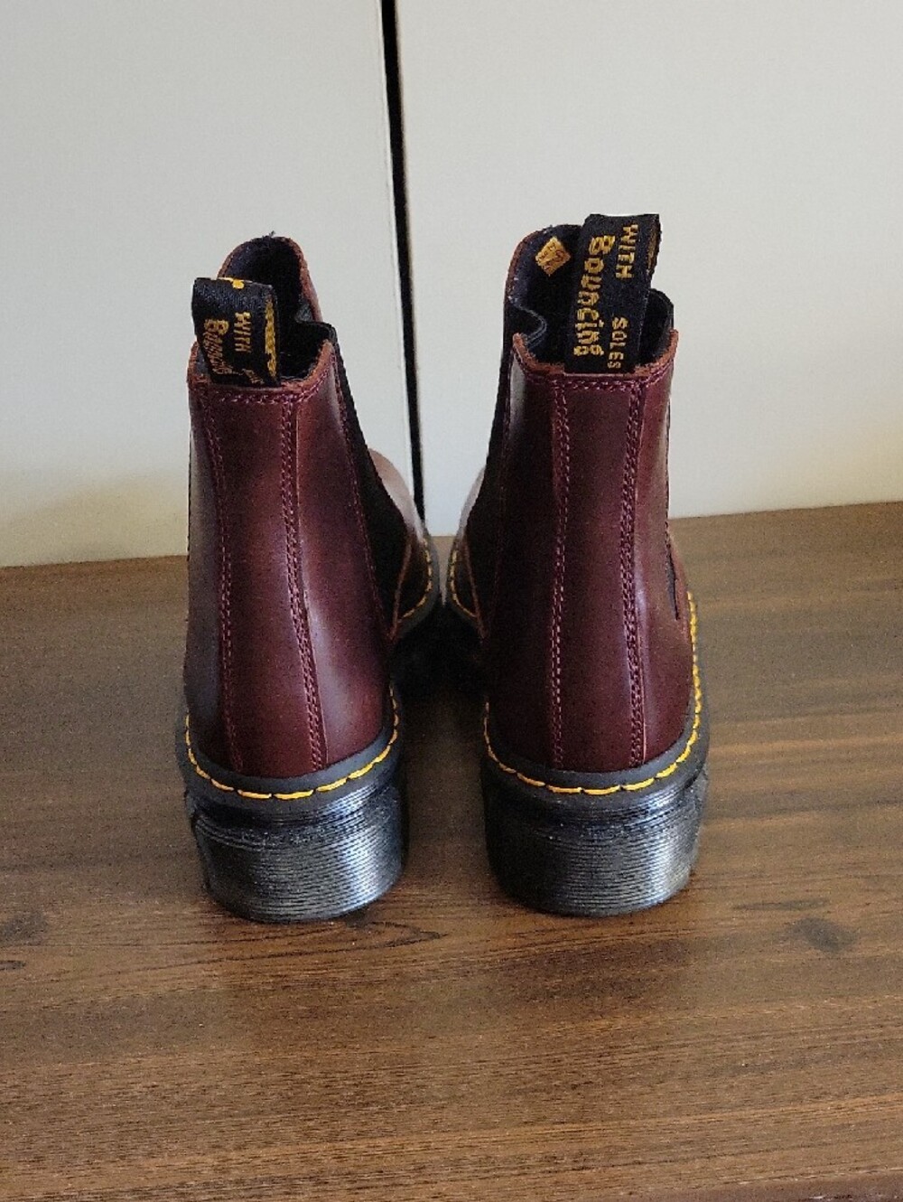Dr. Martens Women's Leather Chelsea Boots in Burgundy with Yellow Stitching - Picture 3 of 9